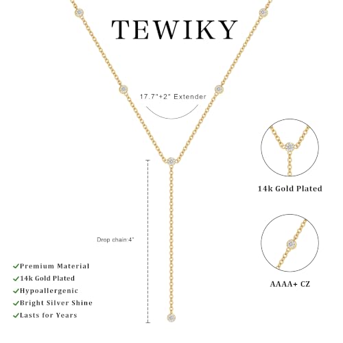 Tewiky Dainty Diamond Lariat Necklace for Women, Long Y Necklace | 14K Gold/Sterling Silver Plated Non Tarnish Necklace, Waterproof Drop Chain for Prom Wedding,Beach Summer Body Chian,Jewelry - color: Gold