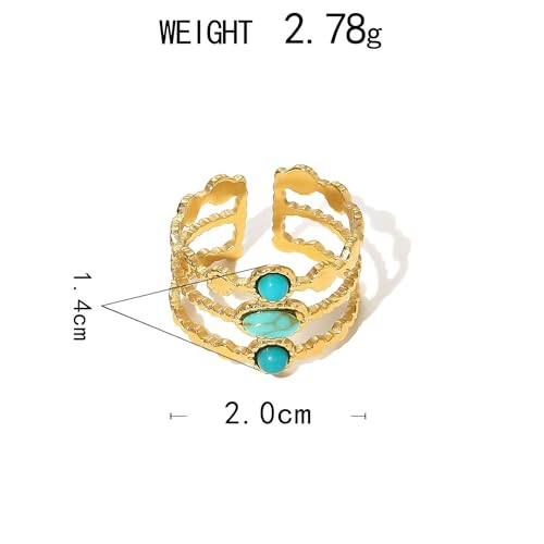Todenb Turquoise Ring for Women,Gold Western Turquoise Open Ring Boho Stainless Steel Moon and Star Band Wrap Knuckle Rings Western Country Fashion Jewelry Accessories - color: oval