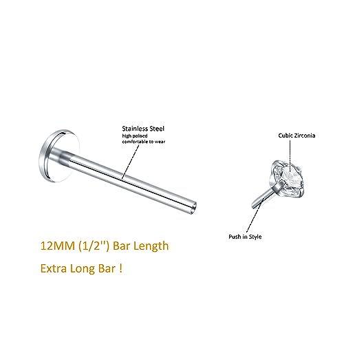 Oveta Threadless Push in Lip Rings 16G/18G/20G Labret Jewelry CZ Lip Studs Stainless Steel Cartilage Earrings for Women Monroe Medusa Piercing Jewelry 6/7/8/10/12mm Bar Length - color: Silver, size: 18G*12mm bar*1.5/2/2.5/3mm cz