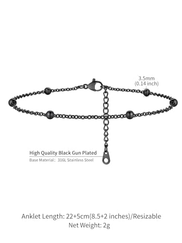 ChainsHouse Ankle Bracelets for Women, Stainless Steel Beaded Chain Ankle Bracelet, Womens Heart Anklets for Summer Beach Jewelry Gifts - color: K: bead-3.5mm-black