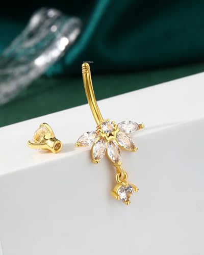 Lotus Belly Button Rings, 14G Dangle Belly Navel Rings for Women, Stainless Steel Belly Navel Piercing Jewelry - color: Gold-10MM