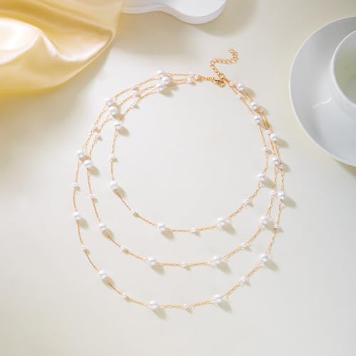Long Layered Pearl Necklace for Women Big Large Beaded Statement Charm Necklace,Strand Multiple Strand Pearl Choker, Shirt & Sweater Wedding Party Jewelry Gifts - color: Pearl-Three
