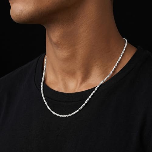 Sterling Silver Chain for Men, 4mm S925 Sterling Silver Over Round Box Chain Necklace for Men Diamond Cut Chains Gifts for Husband Mens Father 18/20/22/24/26 inches