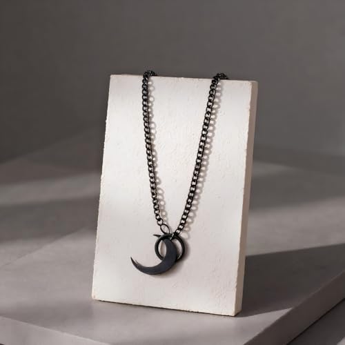 Slip Chain Choker for Women Handmade Black Stainless Steel Cuban Chain Chunky Moon Bat Raven Skull Pendant Gothic Punk Rock Collar Adjustable Lariat Y Necklace for Men - style: Moon