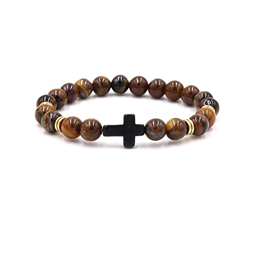 8MM Ornament Lava Volcanic Stone Beads Turquoise Cross Elastic Stretch Bracelet Religion Bangle for Women Men - color: Tiger Stone