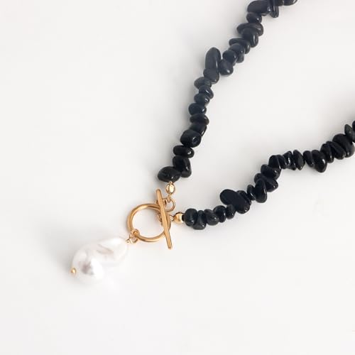 Bohemian Stone Pearl Choker Necklace for Women Dainty Natural Irregular Stone Choker Turquoise Beaded Lariat Necklace Simple Fashion OT Toggle Spiritual Handmade Jewelry - color: Black