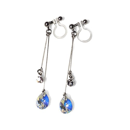 Star Clear Austrian Crystal Invisible Clip On Stud Earrings Blue Light Orange Purple Silver Square Rhinestone Screw Back Gold Dangle Clip Earrings - color: Teardrop AB