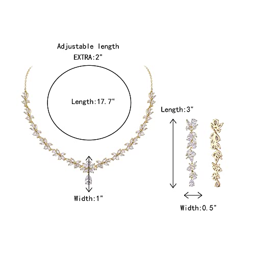 Crysdue Women's Wedding Bridal Jewelry Set for Brides Bridesmaids Cubic Zirconia Flower Leaf Vine Necklace Dangle Earrings for Prom Party - style: 14-gold