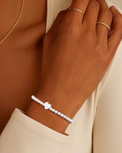 Beaded Bracelets for Women Dainty Beaded Heart Initial Bracelets Letter A-Z Charm Stretch Bead Ball Bracelet Trendy Jewelry Gifts - style: Silver-S
