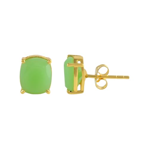 Women's 18K Gold Plated 8x10mm Princess Cut Gemstone Stud Earrings – Birthstone Jewelry for Her – Classic Cushion Studs - color: Chrysoprase