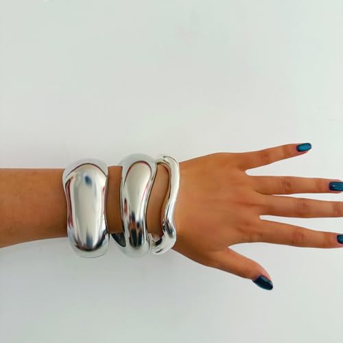 Big Chunky Gold Bracelets Set for Women 3Pcs Cuff Wide Bracelet Trendy High Shine Bracelets Minimalist Open Wide Cuff Bracelets Gold Bangle Bracelet Jewelry for Women - style: A-Silver