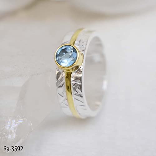 Stunning Blue Topaz Ring Hammered Two Tone Band Ring for Women & Girls Thumb Band Ring In Sterling Silver Gemstone Ring Wedding Promise Best Gift Band Ring Stackable Topaz Ring