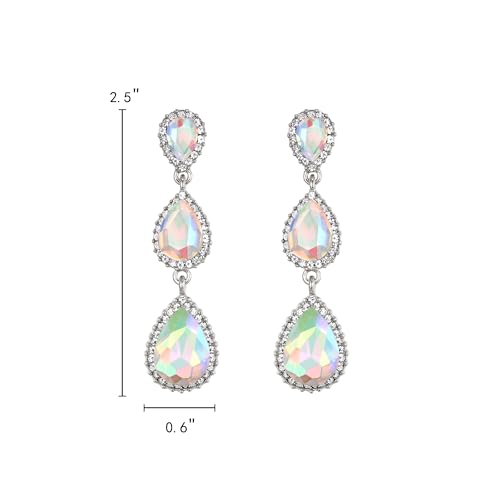 EleQueen Women's Crystal Teardrop Pear Shape 2.5 Inch Long Earrings | Dangle Earrings for Women, TearDrop Crystals Earrings for Bride Bridesmaid, Prom Jewelry for Wedding - color: Iridescent Silver-Tone