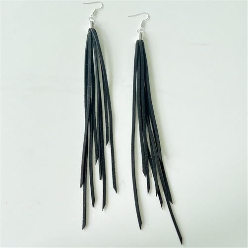Leather Tassel Earrings Bohemian Tassel Fringe Dangle Earrings Boho Handmade Leather Feather Long Tassel Earrings Western Jewelry for Women - color: Black