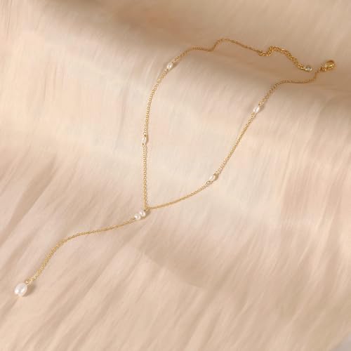 Lariat Gold Necklace for Women, Dainty Long Necklace 14k Gold Plated/Silver Y-Shaped Pendant Necklace Trendy Layered Cz Beaded Chain Drop Necklaces Simple Gold Jewelry for Women Gift - style: LC-1NK-22084-GDW