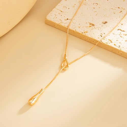 Y Shaped Water Drop Pendant Necklace for Women Adjustable Y Sliding Lariat Charm Necklace Fashion Stainless Steel Snake Chain Teardrop Jewelry Gift - color: Gold