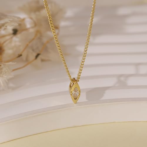 Gold Necklace for Women, 14k Gold Plated Cubic Zirconia Solitaire Pendant Necklace Waterproof Formal Necklaces for Women Cute Simple Necklaces Trendy Gold Jewelry Non Tarnish - color: Gold-Marquise cz