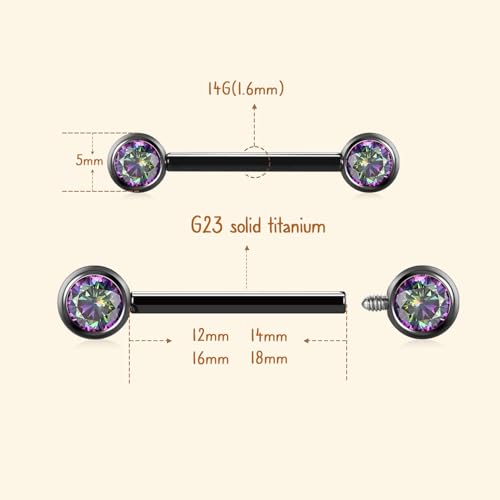 AROWRO Nipple Piercing Jewelry Nipple Rings Titanium Nipple Rings Implant Grade Hypoallergenic 14G Internally Threaded Straight Barbells with Cubic Zirconia Opal Gold Silver Rose Gold Black 12mm 14mm 16mm 18mm 20mm - color: Black+Vitrail Medium CZ