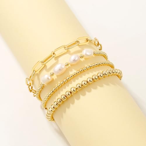 Badu Gold Beaded Bracelets for Women Boho Crystal Multiple Layered Stackable Wrap Bangle Set Paperclip Chain Trendy Jewelry - color: Gold-pearl