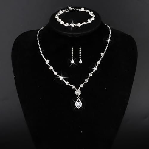 CAVETEE Jewelry Set - Prom Jewelry Crystal Bridal Necklace, Bracelet & Pendant Earring Jewelry Set for Women - style: Rhombic crystal