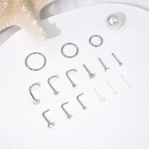 15PCS 14K Gold Plated Nose Rings Studs Set for New Piercing Beginners - color: Silver-3PCS Nose Rings & 12PCS Nose Studs
