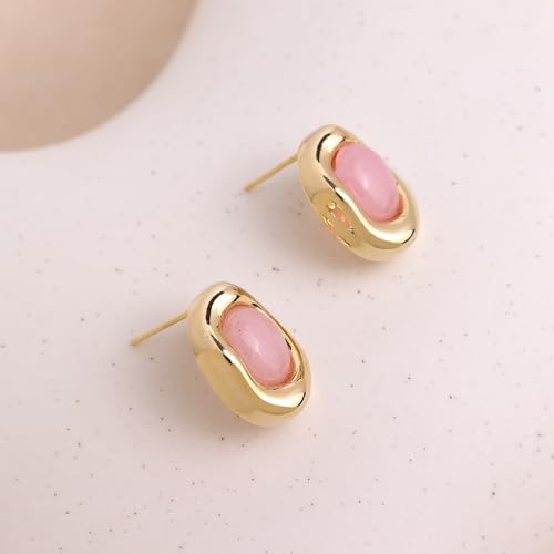 Jean Beau Chunky Gold Stone Stud Earrings for Women, Trendy Natural Gemstone Hypoallergenic Earing Valentine Jewelry Gift - color: Rose Quartz