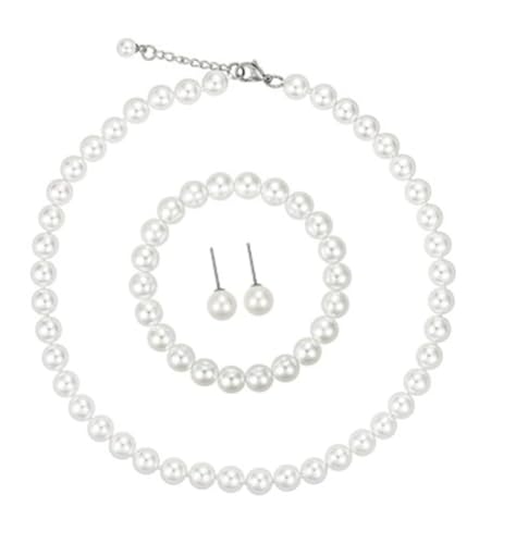 tenghong2021 Fashion Classic Faux Pearl Jewelry Set Necklace Bracelet Earrings for Women Best Gift - color: White Stud