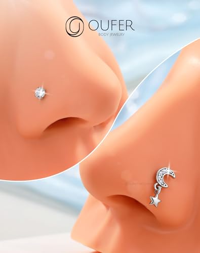 OUFER 2PCS Stainless Steel Nose Rings, Moon Star Butterfly Design 20G Nostril Dangle Piercing Jewelry - 7MM - style: Moon