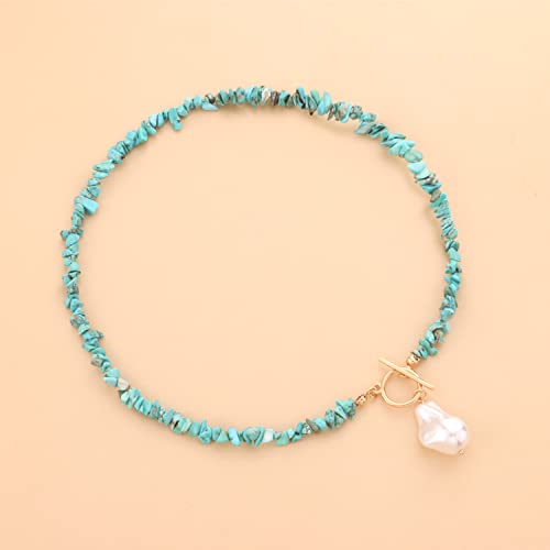 Bohemian Stone Pearl Choker Necklace for Women Dainty Natural Irregular Stone Choker Turquoise Beaded Lariat Necklace Simple Fashion OT Toggle Spiritual Handmade Jewelry - color: Turquoise