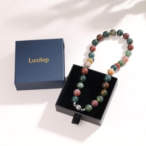 Chunky Gemstone Necklace for Women, 12mm Green Beaded Necklace, Hand-Knotted Beads Choker with Magnetic Clasp, Statement Jewelry, 16.5" - color: Indian Agate