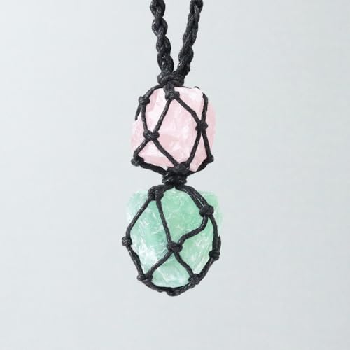 Anjiucc Handmade Crystal Cage Holder with Raw Gemstone Pendant Necklace Natural Stone Healing Crystal Necklace Adjustable Length - color: Green Fluorite+Rose Quartz