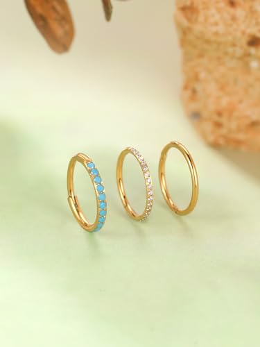 Oveta 3PCS 20G Nose Rings Hoop 8mm, Surgical Steel Tragus Helix Conch Piercing Jewelry Higned Segment Clicker Cartilage Hoop Earrings for Women Men, Silver/Gold - color: Gold
