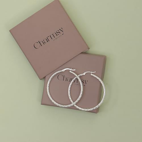 Charmsy 925 Sterling Silver Hoop Earrings | Lightweight Italian 2.5mm Tube Diamond-Cut Round Classic Hoops Earring for Women | Size 15/20/25/30/35/40/50/60/70mm | Small Medium Large - color: Diamond-Cut, size: 40 MM