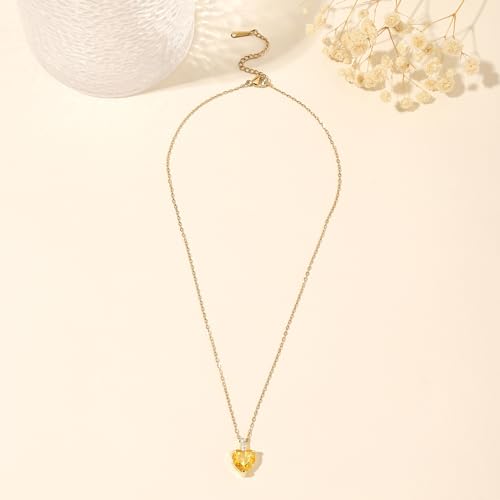 Heart Birthstone Necklace for Women, 14K Gold Plated Birthstone Pendant Necklace Cubic Zirconia Diamond Necklace Dainty Gold Necklace Birthday Gifts for Women Girls - color: 11. November(Citrine)
