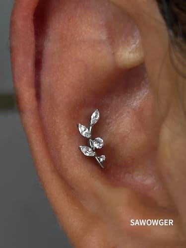 16G Titanium Flat Back Earrings for Women Conch/Helix/Foward Helix/Tragus/Hypoallergenic Piercing Jewelry Internal Thread Cartilage Stud Gold Silver CZ Branch Earrings - color: Silver-For Wearer Right Ear