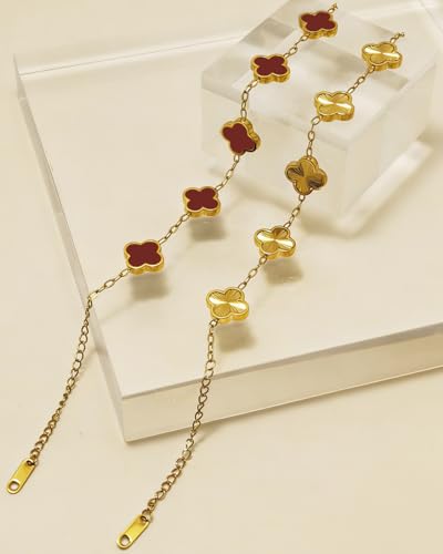 Four Leaf Clover Bracelet 18K Gold Plated Bracelets for Women Lucky Flower Design Stainless Steel Hypoallergenic Link Chain Adjustable Dainty Trendy Jewelry Gifts for Women - color: Gold+Red