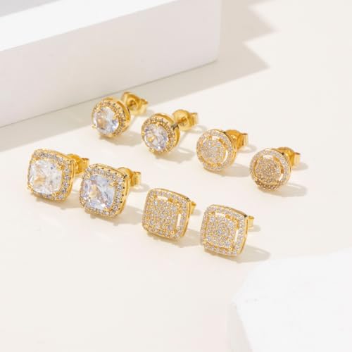 Cubic Zirconia Stud Earrings for Women Men 14K Gold-Plated Halo Stud Earrings Hypoallergenic Earrings CZ Halo Stud Earrings for Sensitive Ears - style: A-GOLDEN