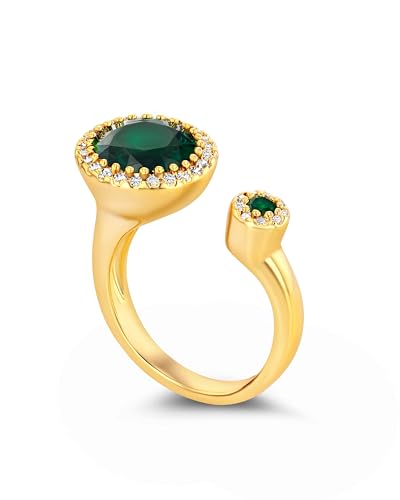SNGIA 18K Gold Plated Adjustable Open Ring for Women Natural Stone CZ Statement Ring Tiger Eye Emerald Ruby Lapis Black Onyx Turquoise Evil Eye Boho Stackable Cocktail Ring Birthday Gift Jewelry - style: Emerald