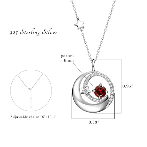 FANCIME Birthstone Necklaces 925 Sterling Silver Moon and Star Pendant Fine Jewelry Birthday Mothers Day Gifts for Mom Wife Her Daughter, Adjustable Chain 16+2" - color: Jan.- Garnet