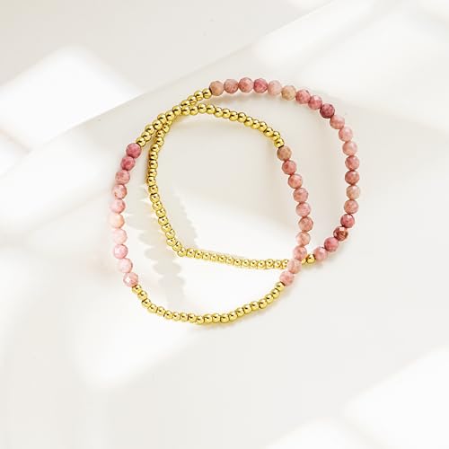 Kainier Gold Beaded Bracelets for Women 2Pairs 14K Gold Plated Stretch Bracelet Set Stackable Tarnish Dainty Natural Stone Bead Bracelets Gift - color: Rose Quartz