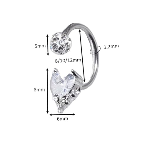 16G CZ Heart Lip Rings Stainless Steel Snake Bite Jewelry for Women Sparkle Disco Ball Labret Jewelry Vertical C-Shaped Lip Rings Hoops Lip Piercing Jewelry 8/10/12mm - size: 8mm