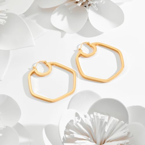 Large Gold Knot Hoop Earrings for Women 18K Gold Hoop Earrings Statement Lightweight Hoops Trendy Gold Hoops Earrings Jewelry - color: C-Hexagon Big Hoop Earrings