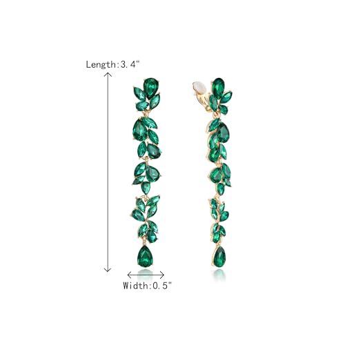 Crysdue Clip On Earrings for Women Rhinestone Crystal Teardrop Cluster Wedding Bridal Non Pierced Long Dangle Earring for Prom Party - color: Green Gold-Tone