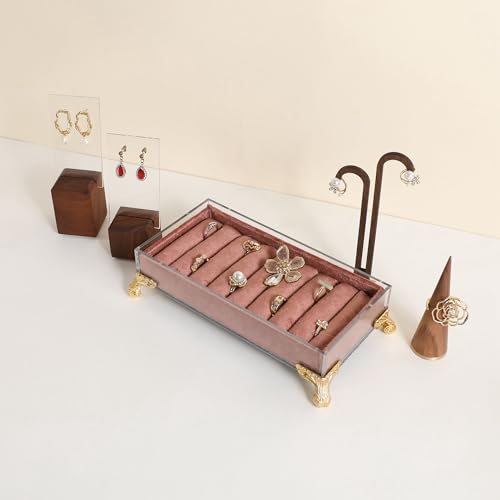 velvet slots Ring holder for jewelry organizer, Earring ring display stand for selling, felt ring jewelry holder tray showcase【Velvet slots Ring Holder-Dark red】 - color: Dark red