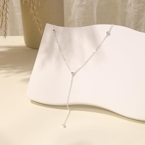 LuckFairy Lariat Necklace for Women,Dainty Gold Long Necklaces 14k Gold Plated CZ Lips Bead Y-Shaped Drop Chain Necklace Simple Gold Layered Necklaces for Women Trendy Gold Jewelry Gifts for Women - color: Silver Lariat Necklace