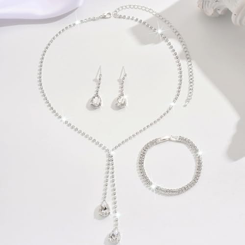 MIFYNN Rhinestone Wedding Set for Women Sparkle Crystal Earrings Necklace Bracelet Jewelry Set Wedding Party Prom Jewelry Set for Brides Bridesmaid - color: Silver3