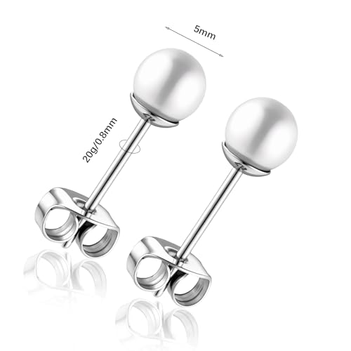 Titanium Ball Earrings Hypoallergenic Studs for Women Men Sensitive Ears Black 3mm 4mm 5mm Titanium Backs - style: 5mm pearl