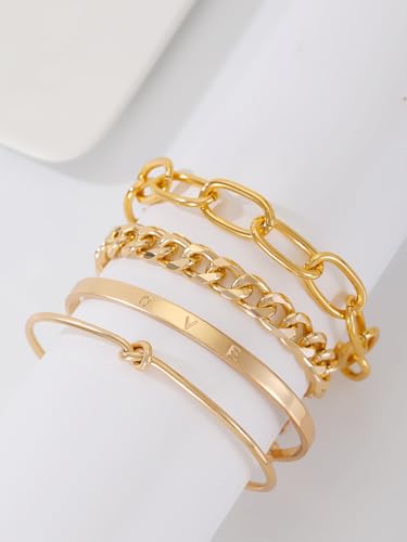 Alegend 14K Gold Plated Stackable Multilayer Bracelets + Titanium Steel(Not Rust, Resist Corruption, Easily Clean) 18K Gold Plated Single Bracelets - color: 14K Gold Plated Four-Layered A