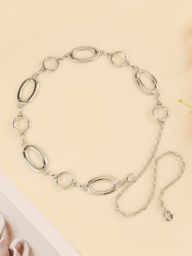 Waist Chain Belt Women Circle O-Ring Metal Link Body Chains Plus Size Gold Tone Chain Belt Fashion Waist Jewelry for Dress - color: Silver-49inch