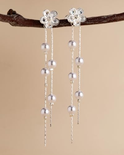 14K Gold Plated/Sterling Silver CZ Pearl Drop Dangle Earrings for Women - color: Silver-Flower Pearl